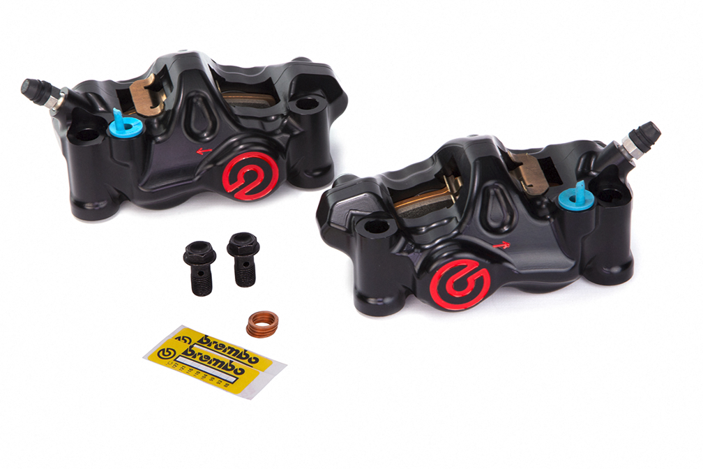 Caliper Set, P4 32mm, .484 Cafe Kit, Billet 2-Piece, 108mm Radial Mount, Front, Black w/ Red Logo